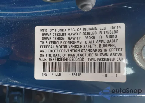 2015 Honda Civic Ex из США, поврежденный, VIN 19XFB2F84FE205432